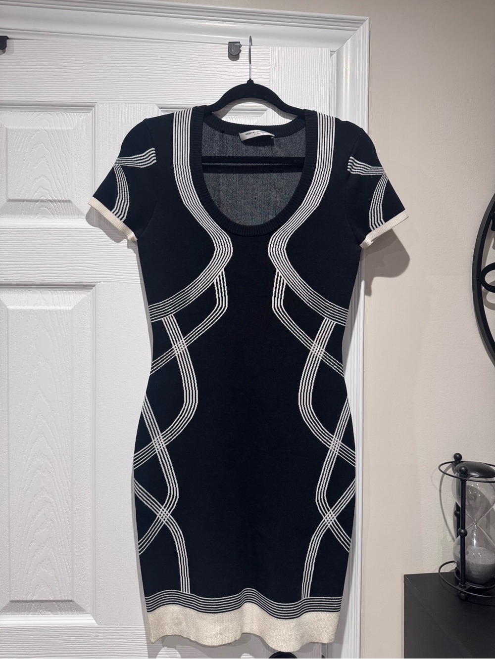 Black Short Sleeve Knit Bodycon Dress with White Trim